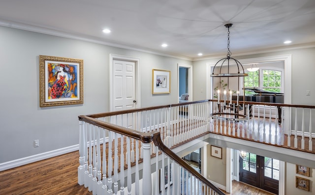 316 Chesterfield Ave, Birmingham, MI 48009 - hallway featuring an upstairs landing, a chandelier, wood finished floors, crown molding, and recessed lighting