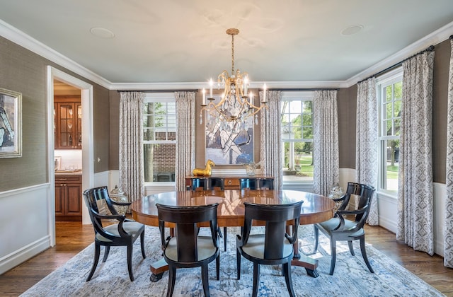 316 Chesterfield Ave, Birmingham, MI 48009 - dining room with a chandelier, crown molding, a wainscoted wall, and wood finished floors