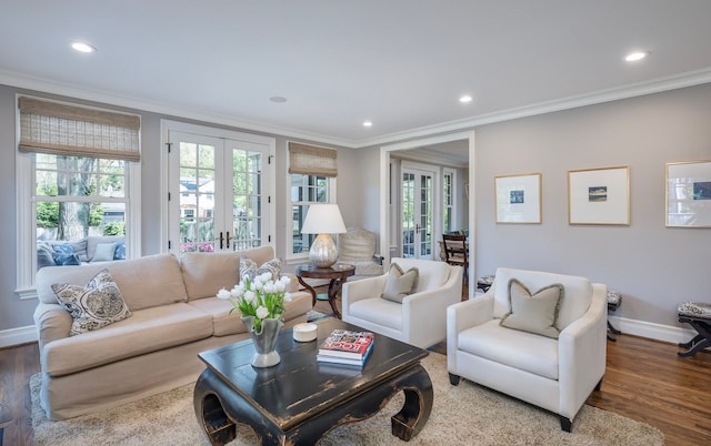 316 Chesterfield Ave, Birmingham, MI 48009 - living area featuring french doors, plenty of natural light, baseboards, ornamental molding, and recessed lighting