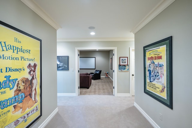316 Chesterfield Ave, Birmingham, MI 48009 - hallway with crown molding, carpet floors, baseboards, and recessed lighting