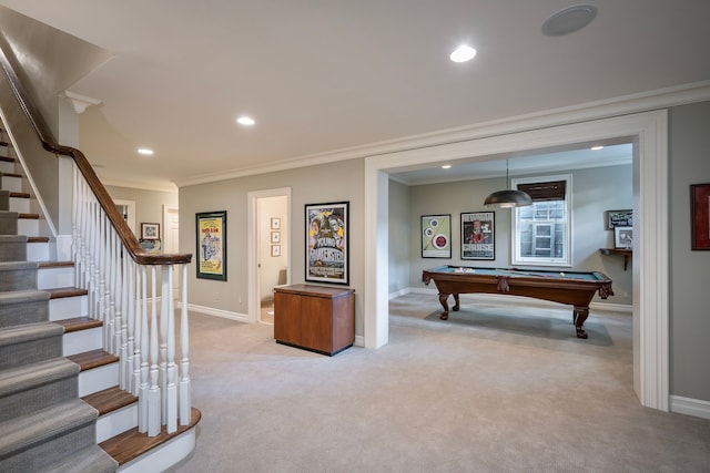 316 Chesterfield Ave, Birmingham, MI 48009 - recreation room featuring light colored carpet, ornamental molding, baseboards, billiards, and recessed lighting