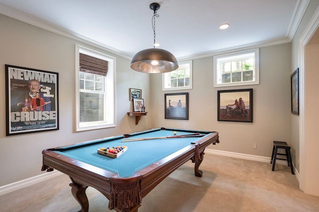 316 Chesterfield Ave, Birmingham, MI 48009 - recreation room with pool table, light carpet, ornamental molding, baseboards, and recessed lighting