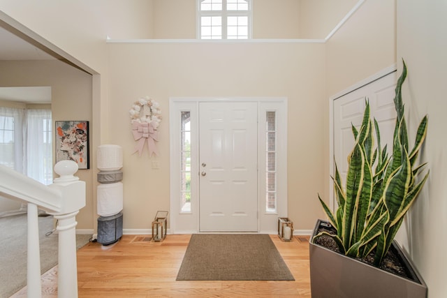 57677 Blossom Valley Trl, New Hudson, MI 48165 - foyer featuring a towering ceiling, light wood-style flooring, and baseboards