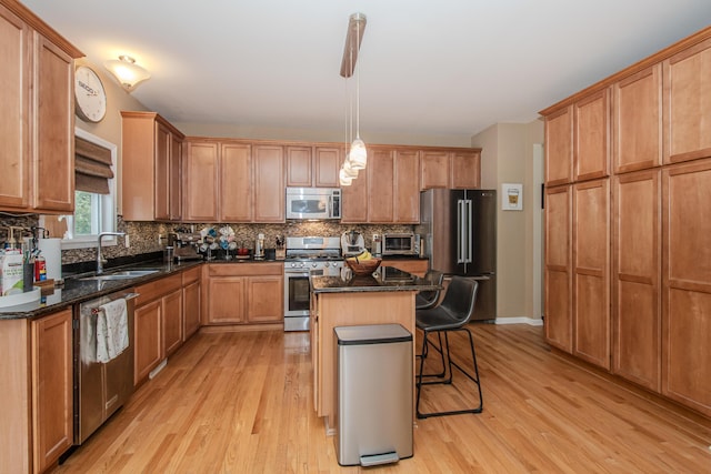 57677 Blossom Valley Trl, New Hudson, MI 48165 - kitchen featuring stainless steel appliances, a sink, light wood-style flooring, and backsplash