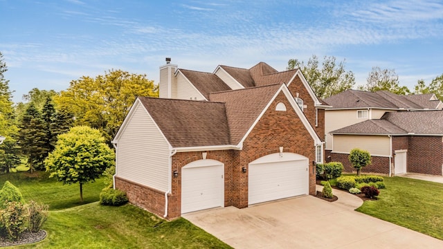 57677 Blossom Valley Trl, New Hudson, MI 48165 - view of front facade with brick siding, a front yard, roof with shingles, and a chimney