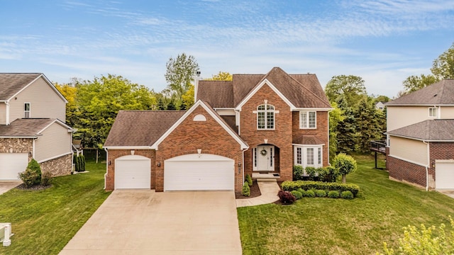 57677 Blossom Valley Trl, New Hudson, MI 48165 - traditional-style house with brick siding, a front yard, driveway, a garage, and a shingled roof