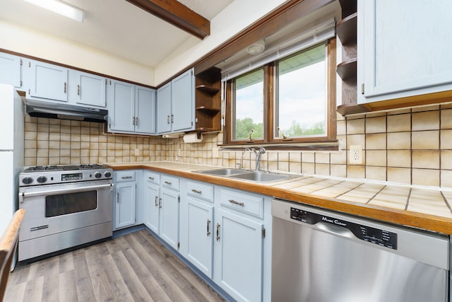 4384 Dexter Pinckney Rd, Dexter, MI 48130 - kitchen featuring appliances with stainless steel finishes, a sink, open shelves, under cabinet range hood, and tile counters