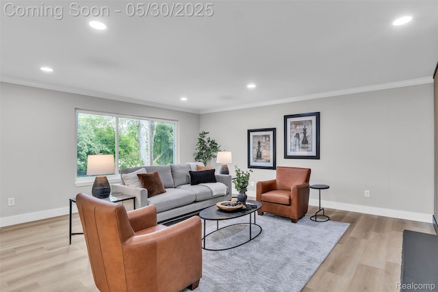 22929 Wrexford Dr, Southfield, MI 48033 - living room featuring ornamental molding, recessed lighting, light wood-style floors, and baseboards