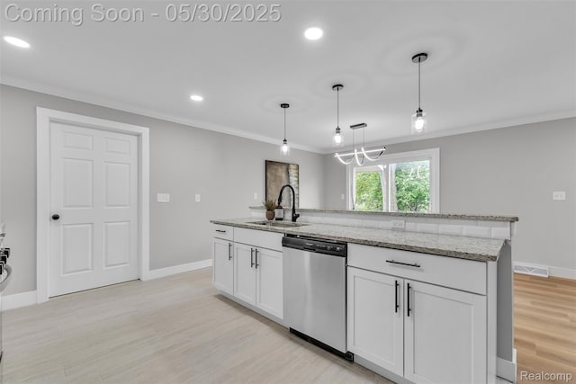 22929 Wrexford Dr, Southfield, MI 48033 - kitchen featuring dishwasher, a sink, ornamental molding, white cabinetry, and a center island with sink