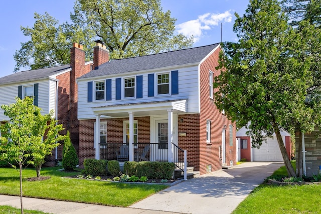 view of front of home featuring an outbuilding, concrete driveway, a front yard, brick siding, and a porch