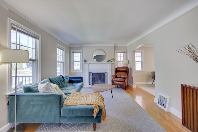 living area featuring healthy amount of natural light, wood finished floors, arched walkways, a fireplace with flush hearth, and ornamental molding