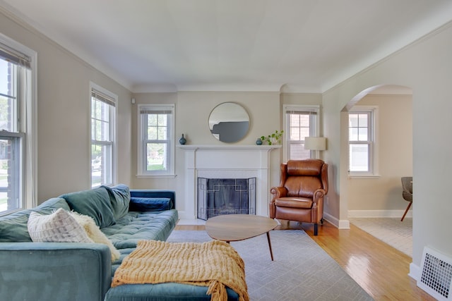living room with arched walkways, healthy amount of natural light, wood finished floors, a fireplace, and ornamental molding