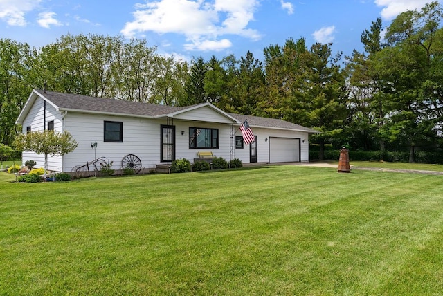 19354 Bueche Rd, New Lothrop, MI 48460 - single story home featuring an attached garage, a front lawn, driveway, and a shingled roof