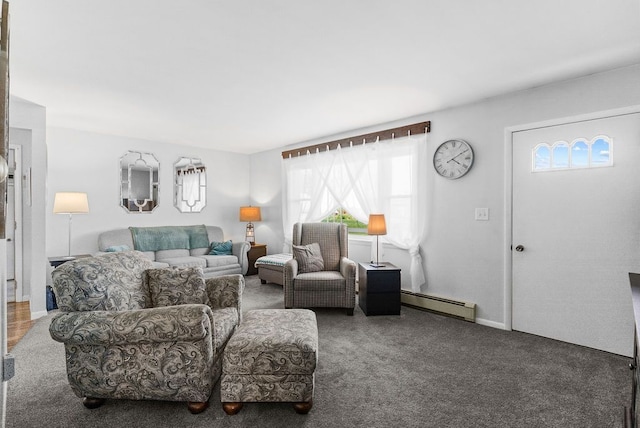 19354 Bueche Rd, New Lothrop, MI 48460 - living room with a baseboard heating unit, healthy amount of natural light, and carpet flooring
