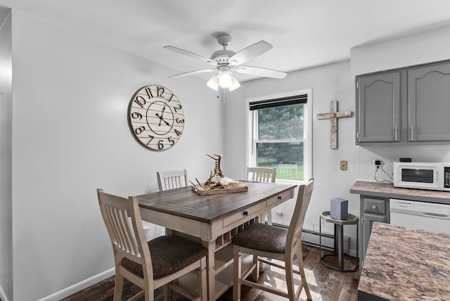 19354 Bueche Rd, New Lothrop, MI 48460 - dining area with dark wood-style flooring, a ceiling fan, and baseboards