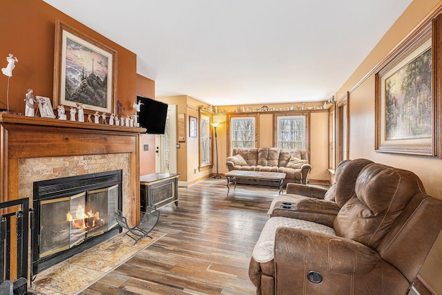 10191 84th St SE, Alto, MI 49302 - living area with wood finished floors, a tile fireplace, and baseboards