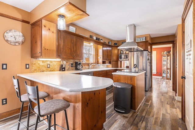10191 84th St SE, Alto, MI 49302 - kitchen with island range hood, stainless steel appliances, a peninsula, dark wood-style flooring, and light countertops
