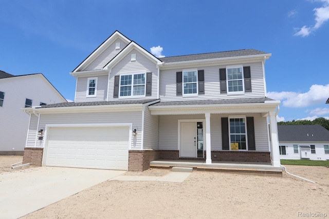 27144 Silo Dr, Saline, MI 48176 - view of front of property with a porch, brick siding, concrete driveway, and a garage
