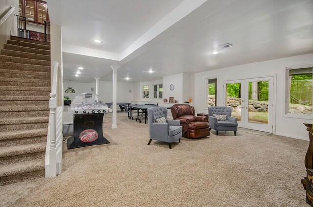 4181 Pavilion Ct, Fenton, MI 48430 - carpeted living room with stairs and recessed lighting
