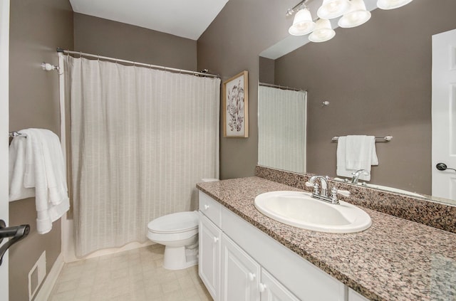 4181 Pavilion Ct, Fenton, MI 48430 - bathroom with toilet, vanity, a chandelier, and curtained shower