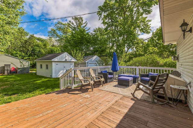 wooden deck featuring an outdoor hangout area, a lawn, a storage shed, an outdoor structure, and view of scattered trees