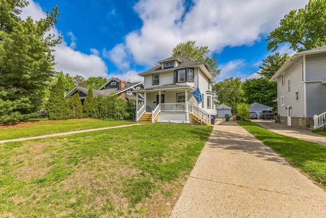 traditional style home with covered porch, a front lawn, driveway, stairway, and a chimney