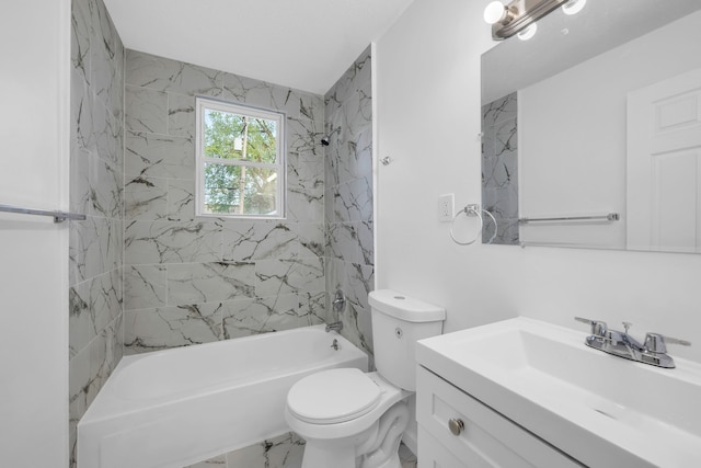 bathroom with toilet, vanity, shower / washtub combination, and marble finish flooring