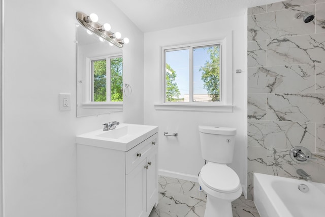 full bathroom with marble look tiles, healthy amount of natural light, vanity, and toilet