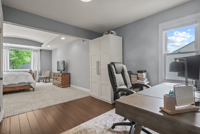 office space with dark wood-style flooring, recessed lighting, and baseboards