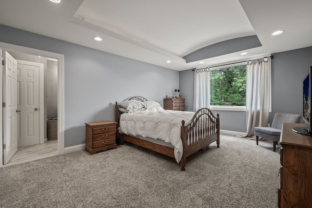 bedroom featuring recessed lighting, baseboards, light carpet, and vaulted ceiling