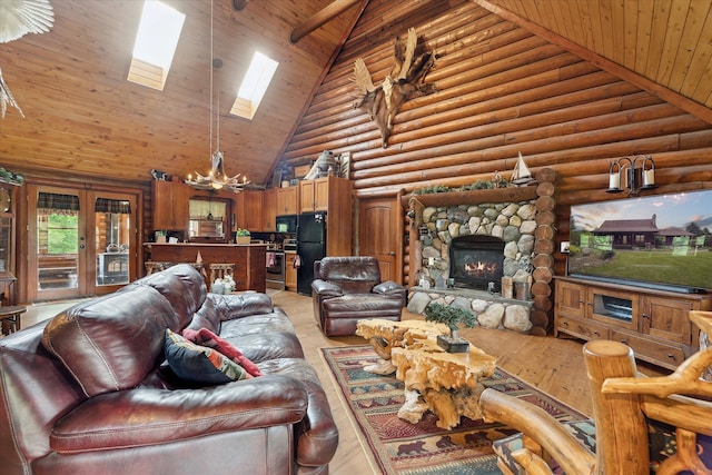 5114 N Oak Rd, Davison, MI 48423 - living area with high vaulted ceiling, a skylight, wooden ceiling, light wood-style floors, and a chandelier