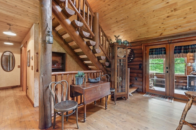 5114 N Oak Rd, Davison, MI 48423 - living area featuring french doors, lofted ceiling, log walls, hardwood / wood-style floors, and wood ceiling