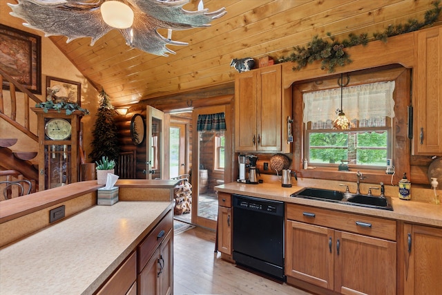 5114 N Oak Rd, Davison, MI 48423 - kitchen featuring black dishwasher, a sink, light wood-style floors, vaulted ceiling, and light countertops