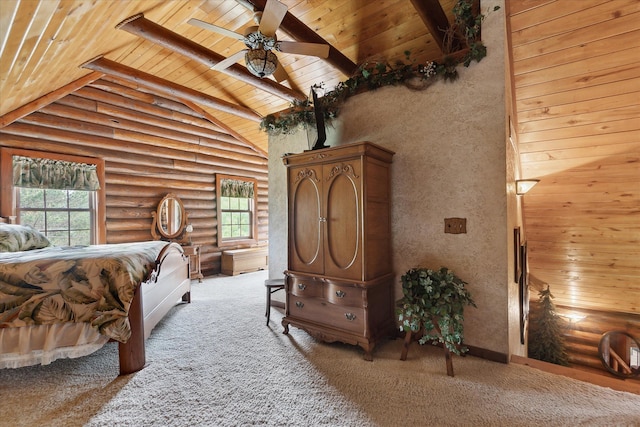 5114 N Oak Rd, Davison, MI 48423 - carpeted bedroom featuring wood ceiling with exposed beams, rustic walls, high vaulted ceiling, and a ceiling fan