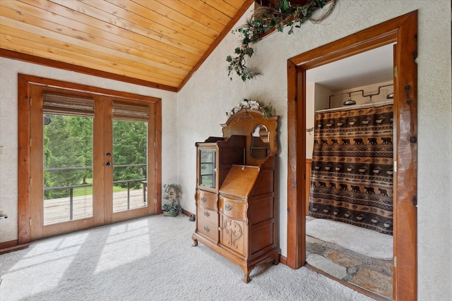 5114 N Oak Rd, Davison, MI 48423 - wine cellar with vaulted ceiling, wooden ceiling, carpet flooring, a textured wall, and french doors