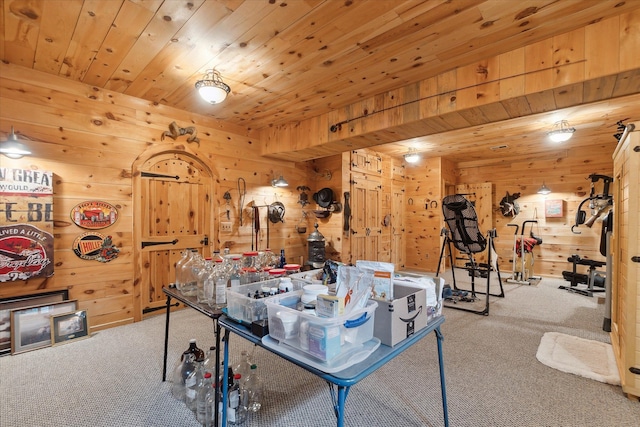 5114 N Oak Rd, Davison, MI 48423 - rec room featuring carpet flooring, wood walls, and wooden ceiling