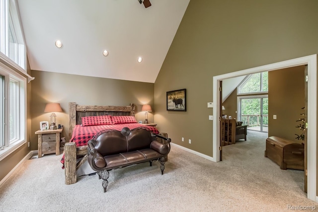 4076 Cross Rd, White Lake, MI 48386 - bedroom with high vaulted ceiling, carpet, baseboards, and recessed lighting