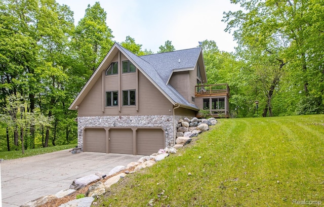 4076 Cross Rd, White Lake, MI 48386 - view of front facade featuring stone siding, a garage, concrete driveway, a front yard, and a wooden deck