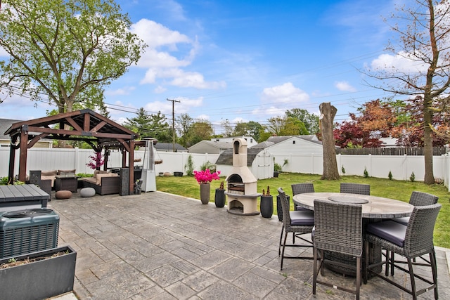 view of patio / terrace with a gazebo, central air condition unit, outdoor dining area, and an outdoor living space