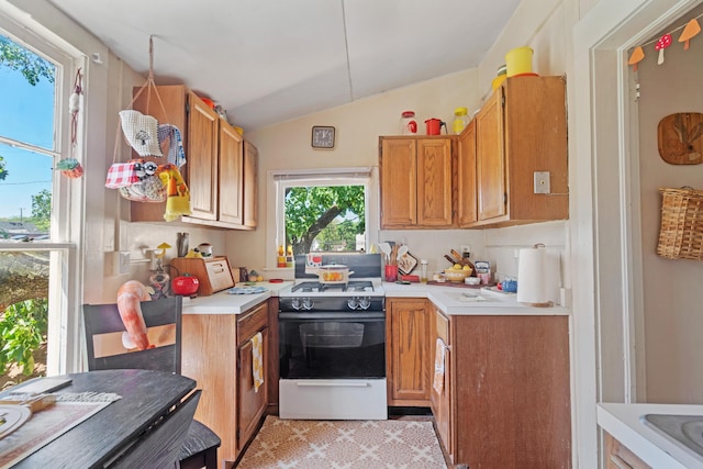 447 W Vine St, Kalamazoo, MI 49001 - kitchen with range with gas stovetop, light countertops, lofted ceiling, and brown cabinetry