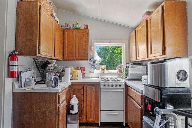 447 W Vine St, Kalamazoo, MI 49001 - kitchen with white gas stove, vaulted ceiling, light countertops, and brown cabinetry