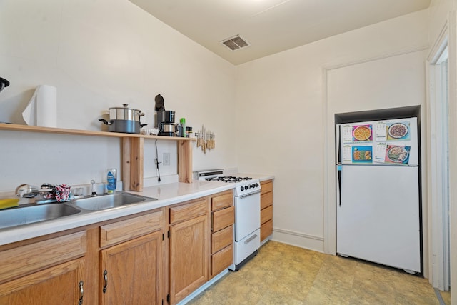 447 W Vine St, Kalamazoo, MI 49001 - kitchen featuring white appliances, open shelves, a sink, and light countertops