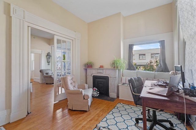 447 W Vine St, Kalamazoo, MI 49001 - home office with light wood-style flooring, healthy amount of natural light, and a fireplace with flush hearth