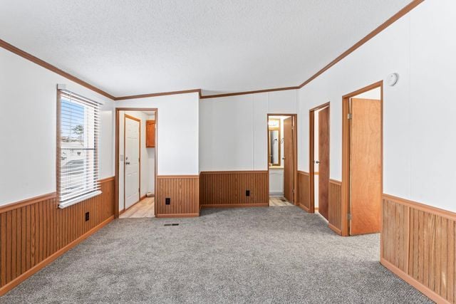 25 Hunters Rill, Lapeer, MI 48446 - carpeted spare room with crown molding, a wainscoted wall, and wooden walls