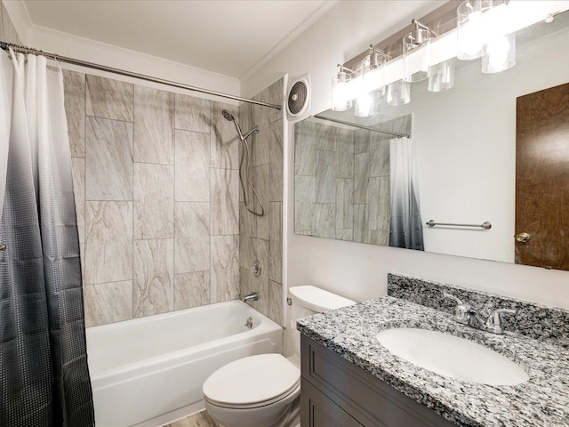 5943 Avalon Cir, Lexington, MI 48450 - full bath featuring shower / bath combo, ornamental molding, toilet, and vanity
