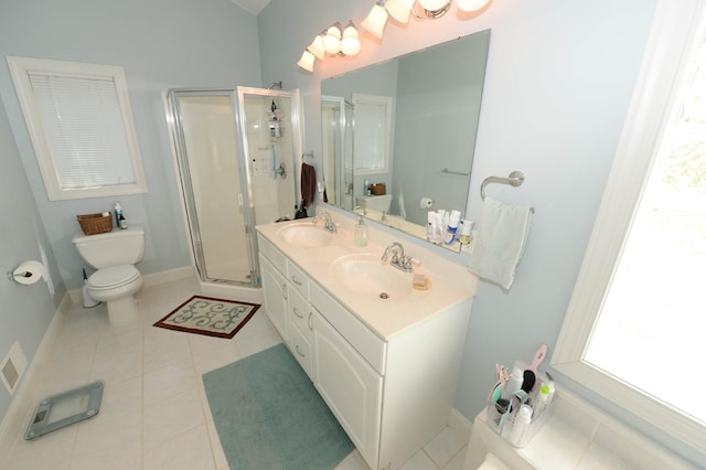 722 Bennington St, East Tawas, MI 48730 - full bath with toilet, a stall shower, double vanity, and tile patterned floors