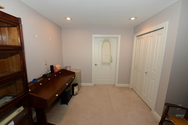 722 Bennington St, East Tawas, MI 48730 - office area featuring light carpet, baseboards, and recessed lighting