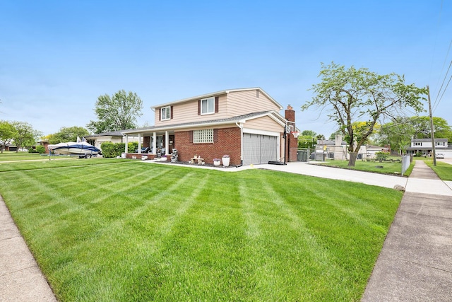 traditional home with a porch, brick siding, concrete driveway, and a garage