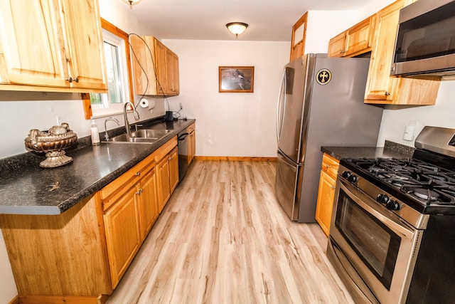789 W Castle Rd, Fostoria, MI 48435 - kitchen with appliances with stainless steel finishes, a sink, light wood finished floors, and dark countertops