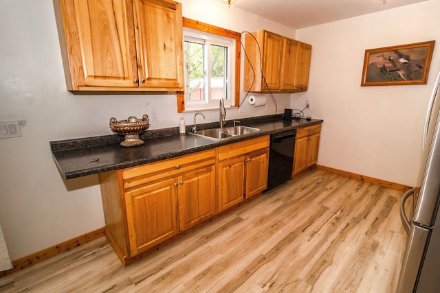 789 W Castle Rd, Fostoria, MI 48435 - kitchen with black dishwasher, a sink, light wood-type flooring, baseboards, and brown cabinetry